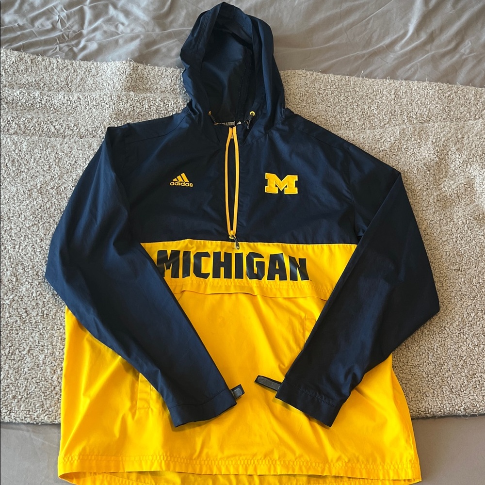 Adidas Navy and Gold University of Michigan Hooded Pullover Rain Jacket